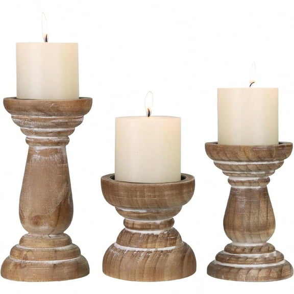 Candle Holder for Pillar Candle Set of 3 Farmhouse Wood Candle Holder Rustic Wooden Candle Stand Vintage Small Wooden Candlestick HoldersDecorative for Living Room Table Centerpiece Brown
