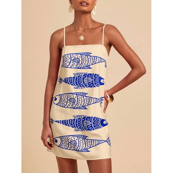 Blue Sleeveless Woven Mini Dress With Tribal Fish Print, Boho Beach Sundress For Women