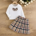 thumbnail image 2 of Odeerbi 3-10 Years Kids Girls Cotton Outfits Rib Knit Long Sleeve Tops with Plaid Pleated Skirt Two-piece Set Cute Lattice Print Skirt Set Kids Girls Clothes, 2 of 9