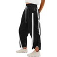 thumbnail image 2 of Costeam Womens Vertical Side Stripe Cropped Pants Side Inset Pockets Drawstring Elastic High Waist Irregular Hem Wide Leg Solid Color Casual Streetwear Trousers, 2 of 9