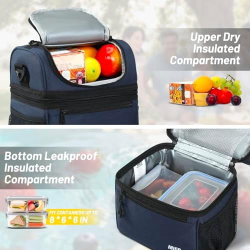 Insulated Lunch Box Dual Compartment Lunch Bag Leakproof Cooler for Men Women Adult Work, Navy Blue, Medium (Upgraded Extra-Tall Bottom Layer)