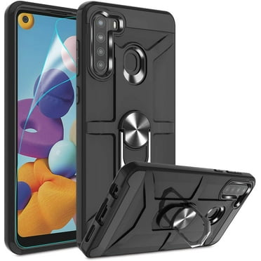 Galaxy A21 Case, Galaxy A21 Phone Case with HD Screen Protector,  360° Rotation Ring Holder Kickstand PC  TPU Dual Layer Shock Absorption Protective Cover for Samsung Galaxy A21, Black