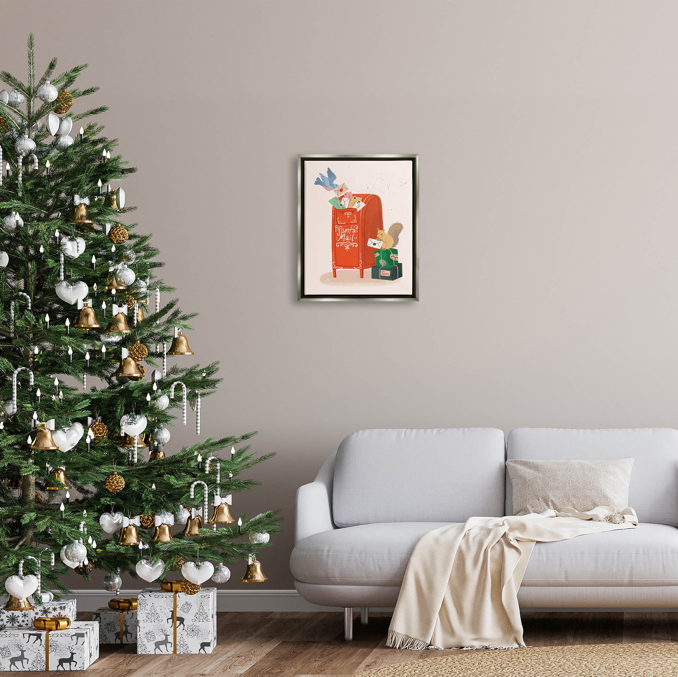 Stupell Industries Santa Mail Holiday Parcels Letters Graphic Art Luster Gray Floating Framed Canvas Print Wall Art, Design by Kristina Hultkrantz