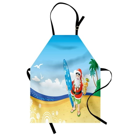 Party Bib - Christmas Apron Santa Claus on the Beach with Surfboard Summer Party Celebration Tropical Art, Unisex Kitchen Bib Apron with Adjustable Neck for Cooking Baking Gardening, Blue Yellow, by Ambesonne