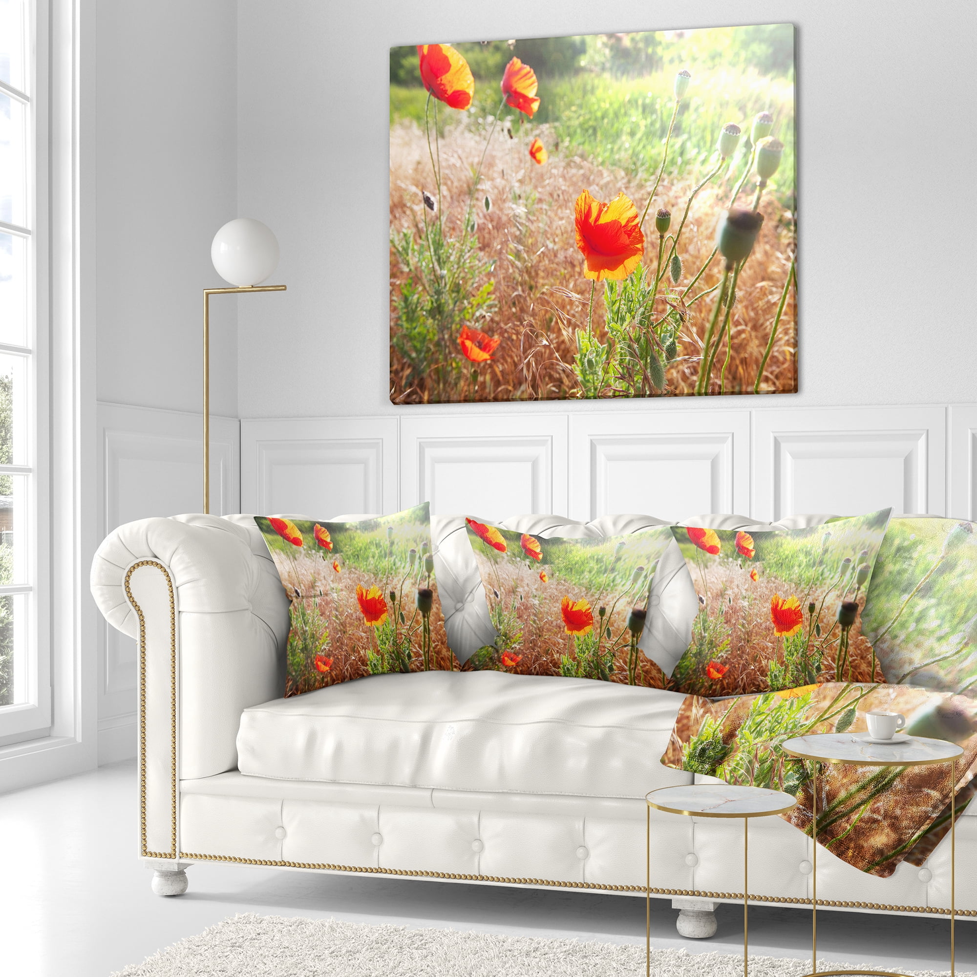Designart Beautiful Morning View of Poppies - Floral Throw Pillow - 18x18