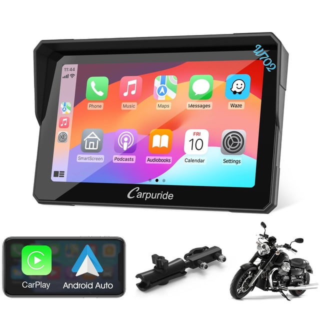 Carpuride Carplay y Android Auto, Pantalla Inteligente Ip67 para Estéreo de Motocicleta, Sensor de Luz (702)