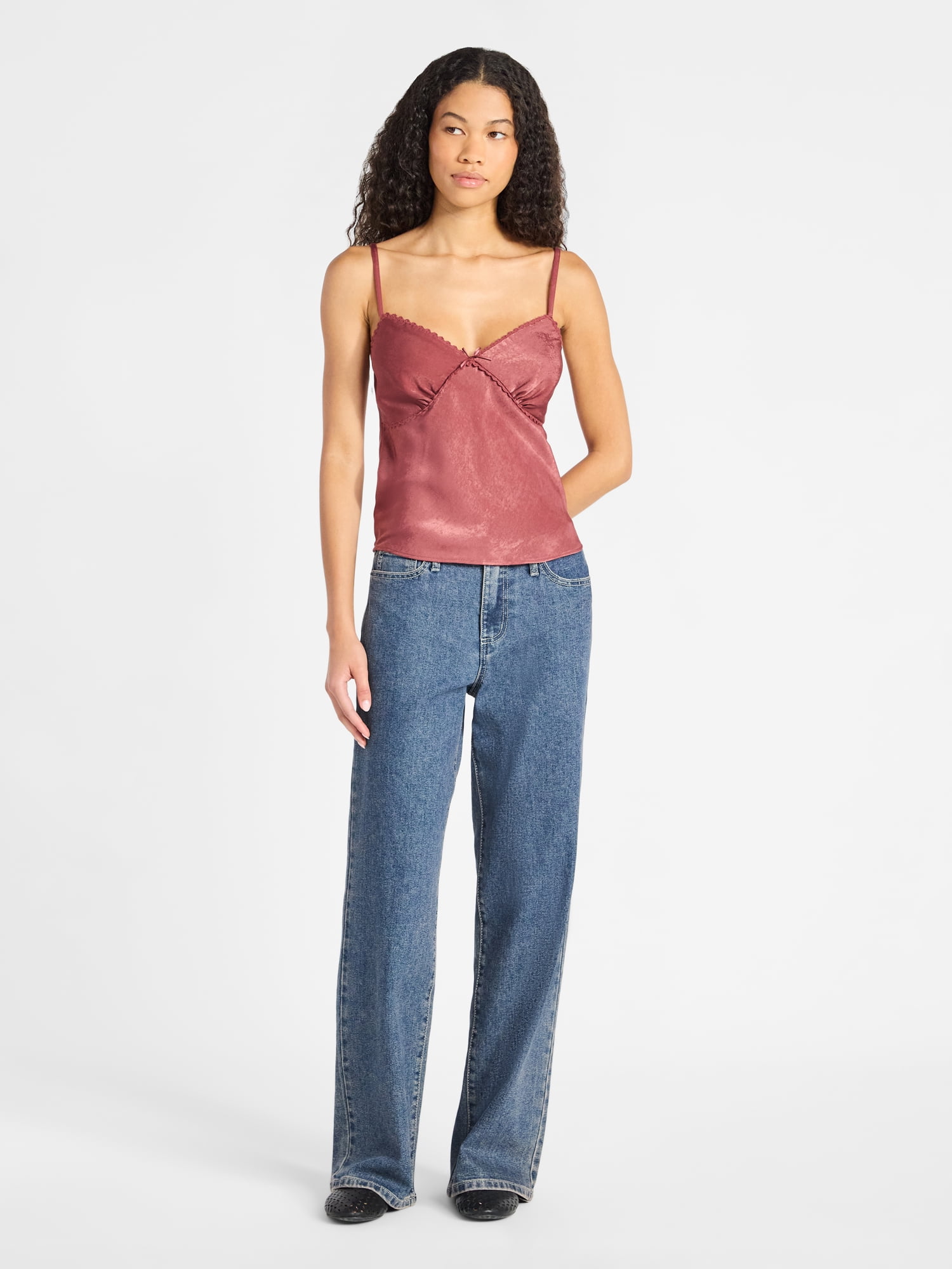 No Boundaries Woven Cami Top with Lace Trim and Bow, Women's