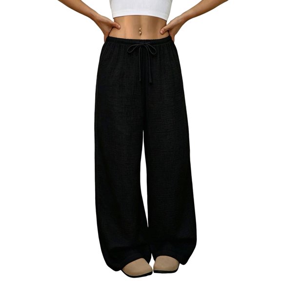 Women'S Solid Elastic Drawstring Waist Wide Leg Straight Casual Pants