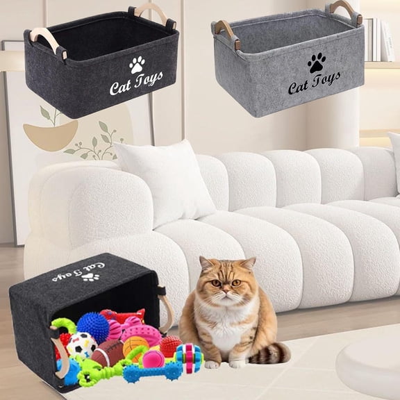 Cat Toys Storage Organizer with Wooden Handles, Large Felt Storage Basket for Clothes and Toys, Decorative Rectangular Basket for Pet Accessories, 15X10X7 Inch Black Storage Bin
