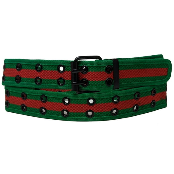 Green / Red 2 Holes Row Metal Grommet Stitched Canvas Fabric Web Belt