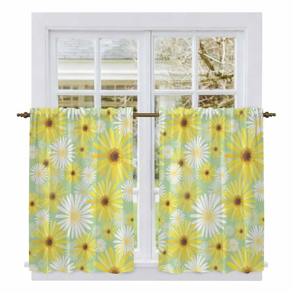 Farmhouse Daisy Kitchen Curtains 45 Inch Length, Spring Watercolor Yellow White Floral Green Tiers Curtains for Bathroom Bedroom Cafe, Light Filtering Small Window Treatment Drapes 2 Panels 42"Wx45"L