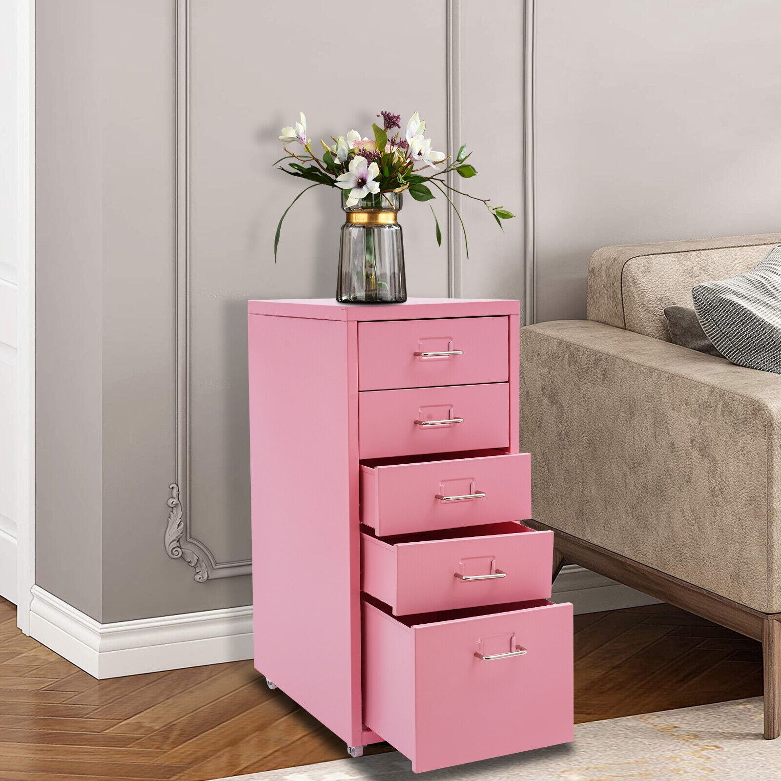Metal File Storage Cabinet 5 Drawer Under Desk Filing Cabinets with Wheels Pink