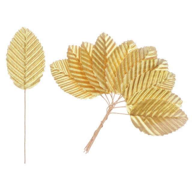 Uxcell 20Pcs Hoja de Seda Artificial, Hojas Individuales de Alambre Falsas, Flor Falsa Dorada