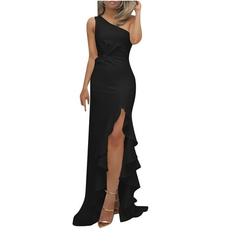 

Inkach Women Sleeveless Slanted Shoulder Solid Color Slit Ruffled Evening Gown Dress