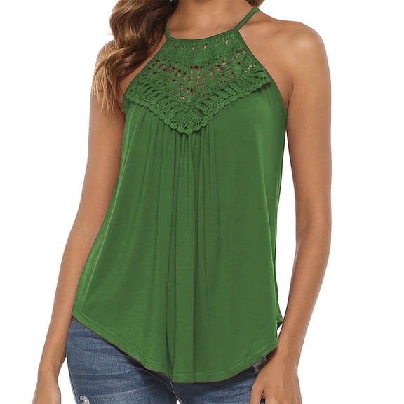 POINTERTECK Women's Casual Summer Cute Lace Halter Neck Flowy Pleated Workout Sleeveless Tank Tops T-shirts Blouses