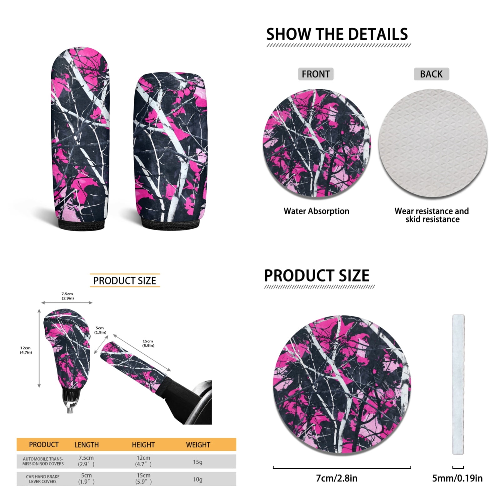Yuyamidu Camo Hunting Car Seat Covers Full Set of 15 Pink Wood Car Floor Mats Auto Steering Wheel Cover Seatbelt Covers Cup Coasters Handbrake Cover Set Vehicle Accessory Decor
