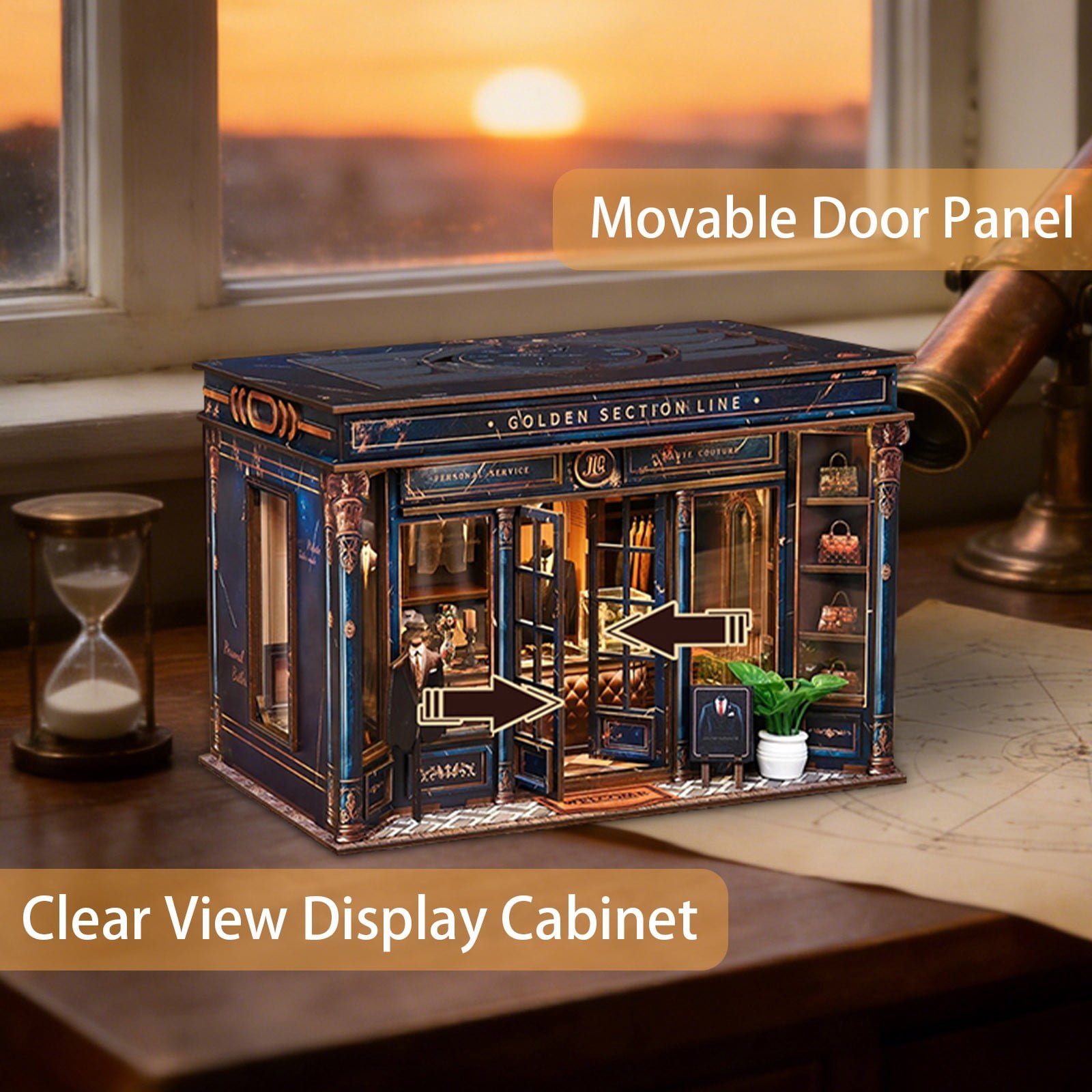 DIY Book Nook Kit - DIY Miniature Dollhouse Kit 3D Wooden Puzzles Gentleman's Clothing Store, Tiny House Bookshelf Decor with LED, Gift for Adults - Golden Section Line