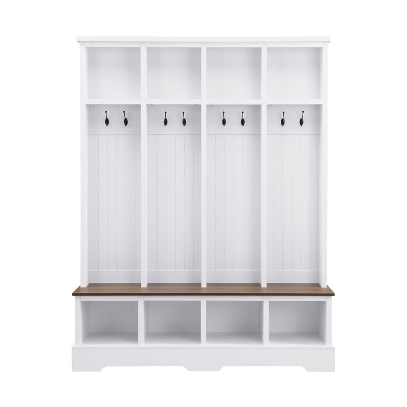 Farmhouse Hall Tree with Bench and 8 Hooks, 76.7" Entryway Coat Rack with Shoe Storage Compartments, 3-in-1 Mudroom Organizer, Hall Tree Bench for Entryway, Living Room