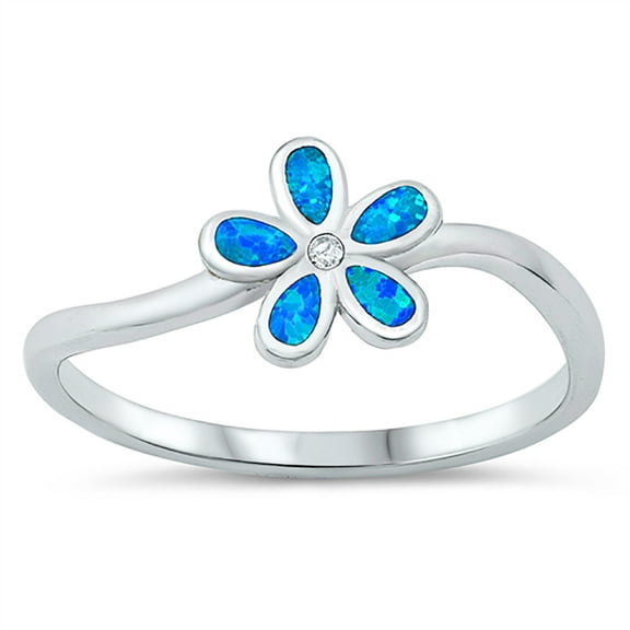 Blue Simulated Opal Cubic Zirconia Plumeria Flower Ring Sterling Silver Size 5