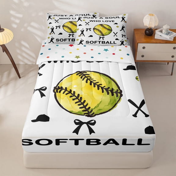 Homewish Softball Love Silhouette Zipper Twin Comforter Sets with Fitted Sheet and 2 Pillowcases, Sport Zipper Bedding Set for Girls and Boys, Polka Dots Reversible, 4-Piece