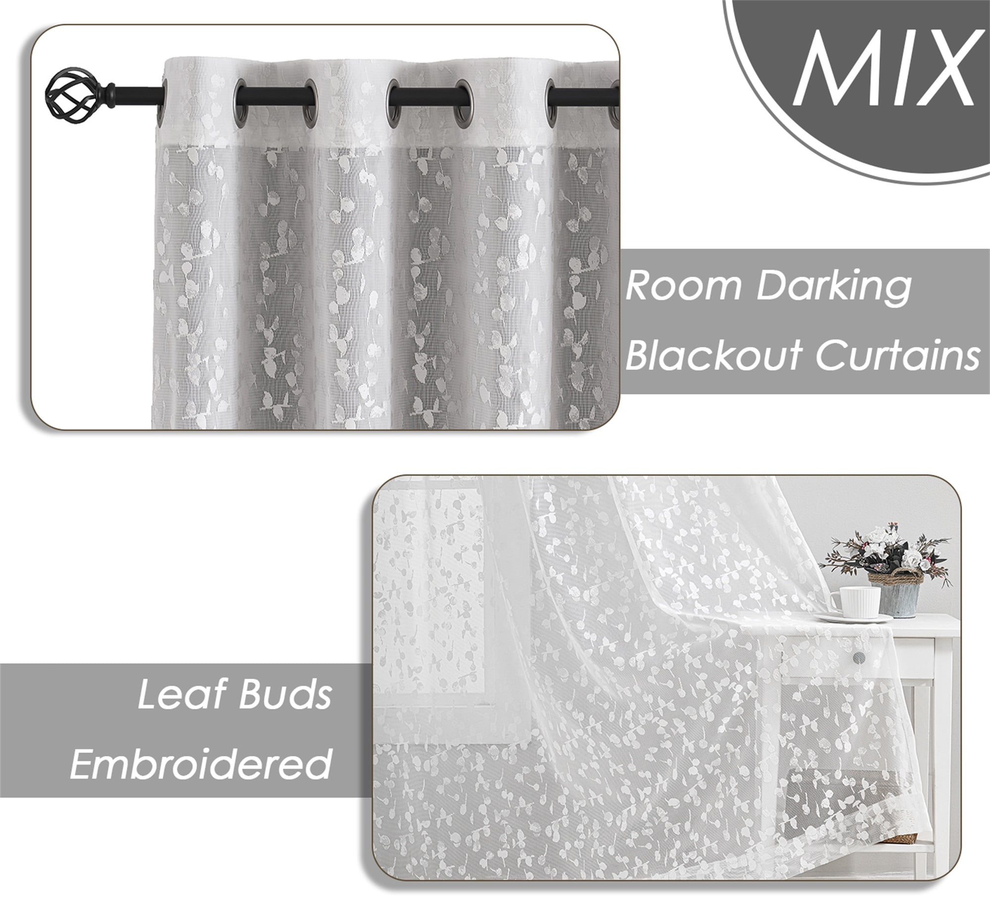 Flowpartex Gray White Mix Matched Full Blackout Curtains with Lace Leaf Sheer 4 Window Sheer Panels for Modern Bedroon Living Room Decor, 52" W x 95" L