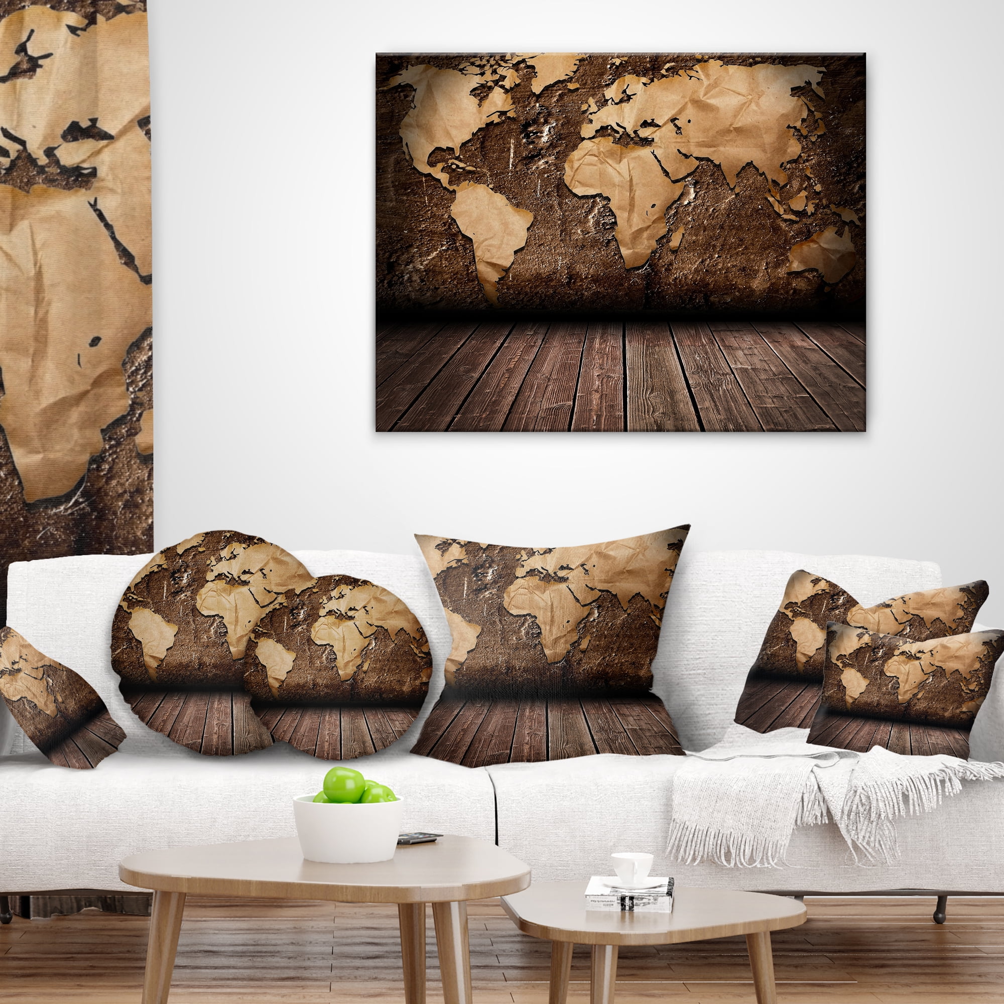 Designart Vintage Map with Wooden Floor - Contemporary Throw Pillow - 16x16