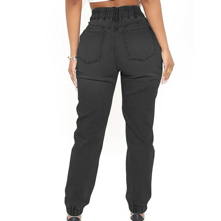 High Waisted Denim Joggers Jeans for Women Drawstring Elastic Waist Stretch  Pull-on Workout Denim Pants Trousers 