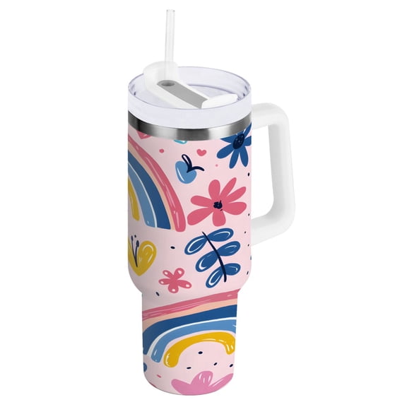 Hand Drawn Flower Rainbow Heart Tumbler with Handle and Straw Lid 40 oz Insulated Vacuum Water Bottle Stainless Steel Travel Cup