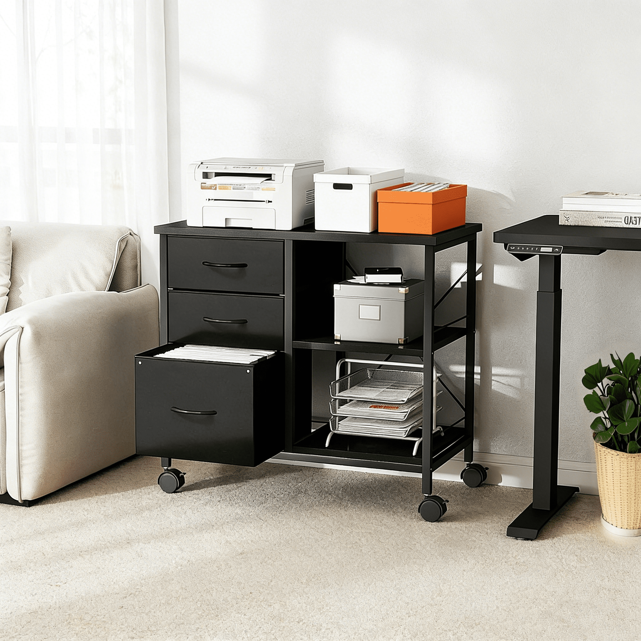 3-Tier Mobile File Cabinet, Rolling Printer Stand with Storage and Back Support Bar, 3 Drawer Lateral File Cabinet Holds 110lbs, for Home Office in Rustic Black