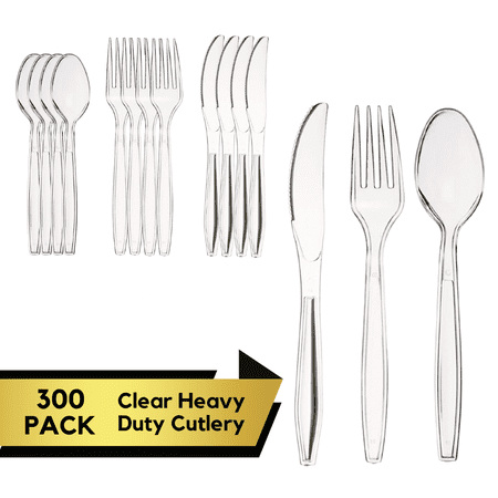 LILIANG 300 Count Heavy Duty Clear Disposable Plastic Cutlery Set, 100 Spoons, 100 Forks, 100 Knives, Utencils for Party Supply