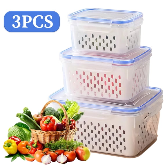 3 pack Food Storage Containers with Removable Colander, Airtight Refrigerator Organizer Bins for Fruits and Vegetables, Ice Blue