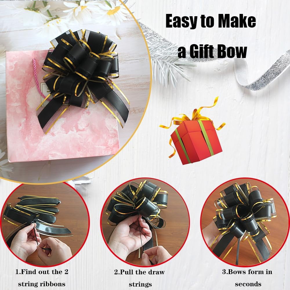 6 Pieces Black Bows for Gift Wrapping Pull Bow Ribbon Christmas Wedding Baskets Valentine's Day inch (Black)