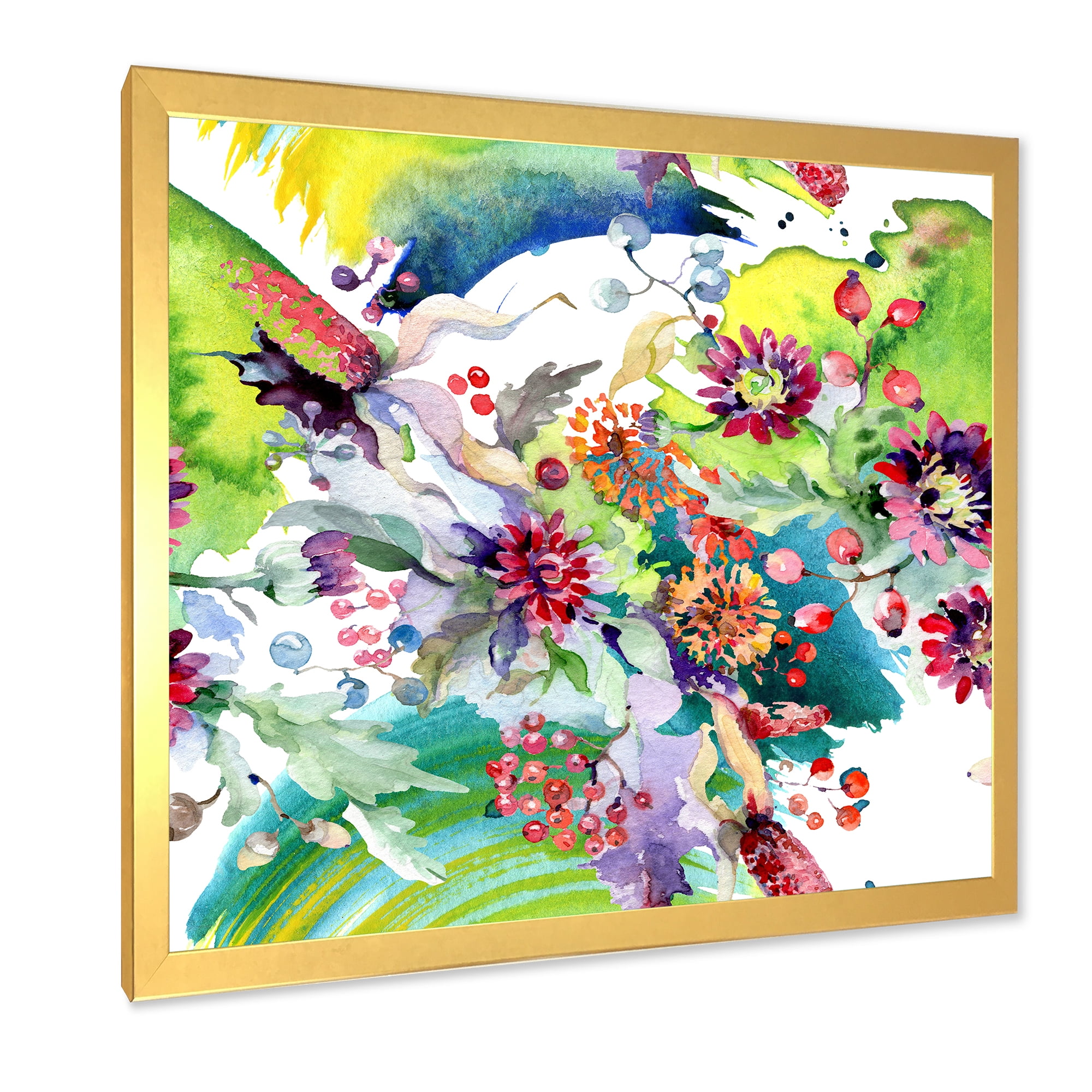 Wildflowers and Vibrant Wild Spring Leaves X 16 in x 16 in Framed Painting Canvas Art Print, by Designart