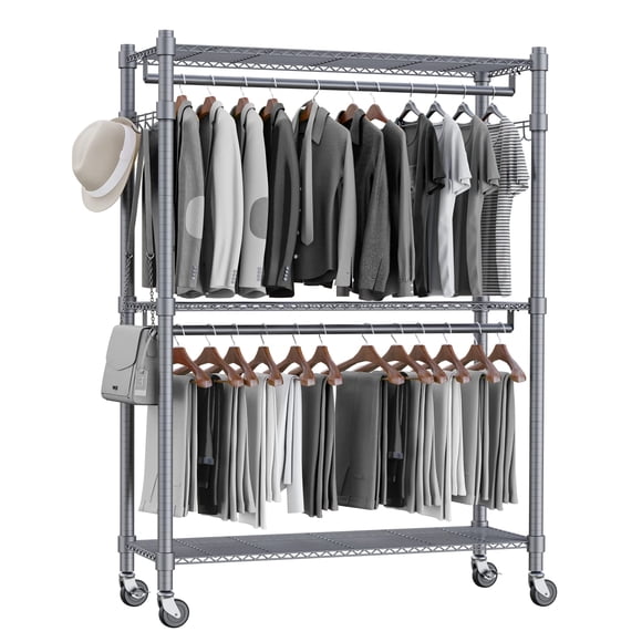 Homdox Estantería de alambre de 3 estantes, estante rodante para ropa, resistente, de grado comercial, con ruedas y ganchos laterales (un par de ganchos y dos varillas para colgar, color gris)