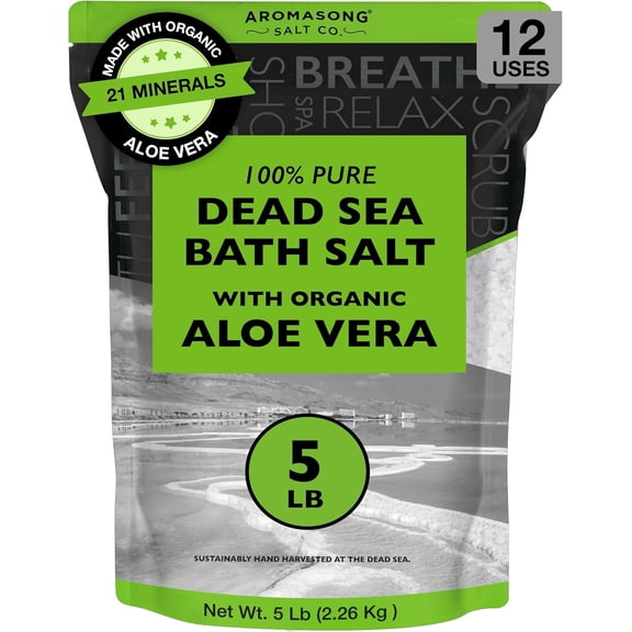 Dead Sea Salt with Organic Aloe Vera, Spa Bath Salts, 5 Lbs Fine Grain Large Bulk resealable Pack, 100% Pure & Natural, Used for Body wash Scrub, Soak for Women & Men for Tired Muscles & Skin Issues