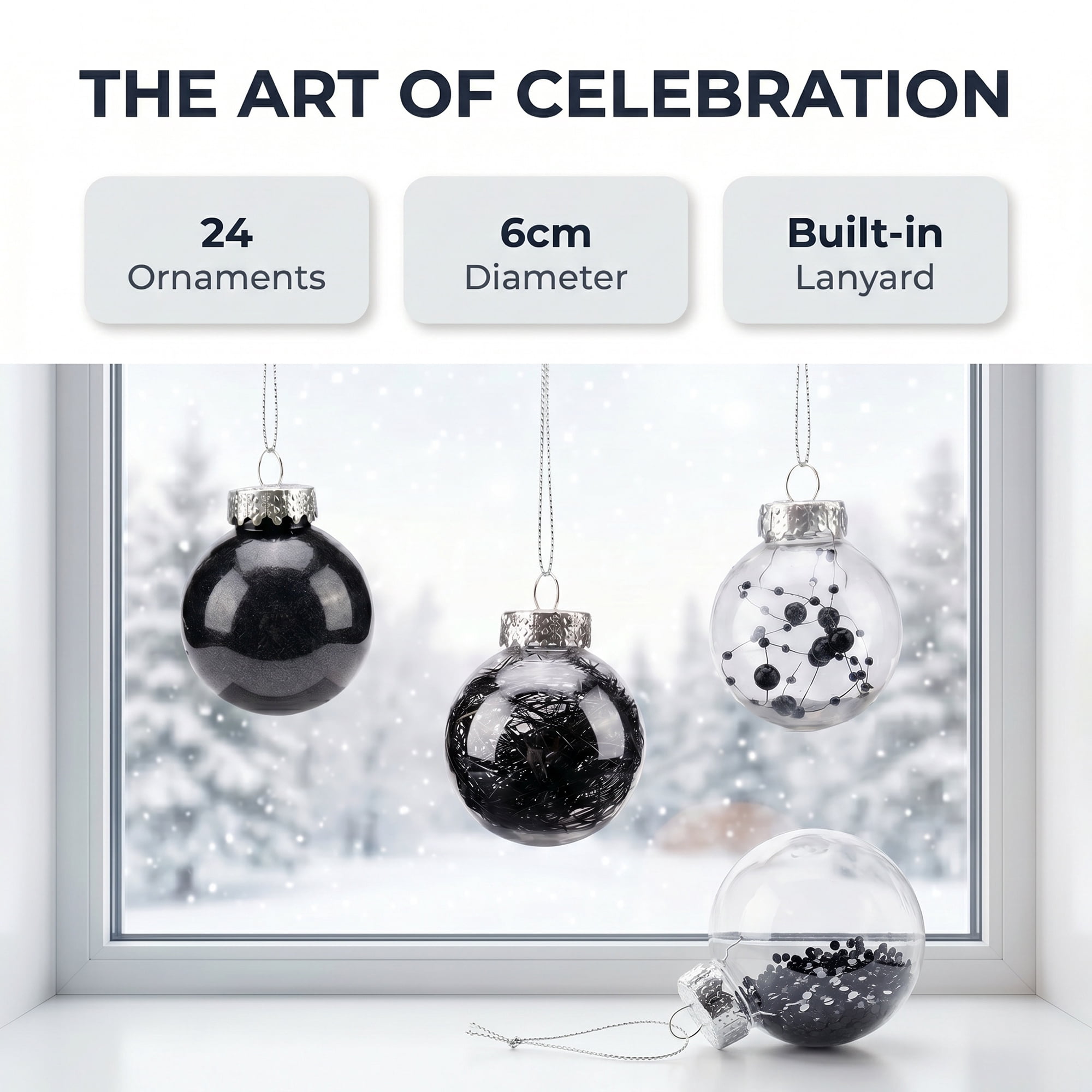Unique Bargains Christmas Tree Ornaments - 24 Pack Hanging Baubles Shatterproof Balls Black 2.4"
