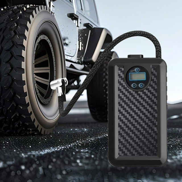 Inflador de neumáticos portátil y compresor de aire | Bomba digital de 120 W para coche, bicicleta y motocicleta | 4 modos preestablecidos, apagado automático, manómetro | 12 V CC y batería |