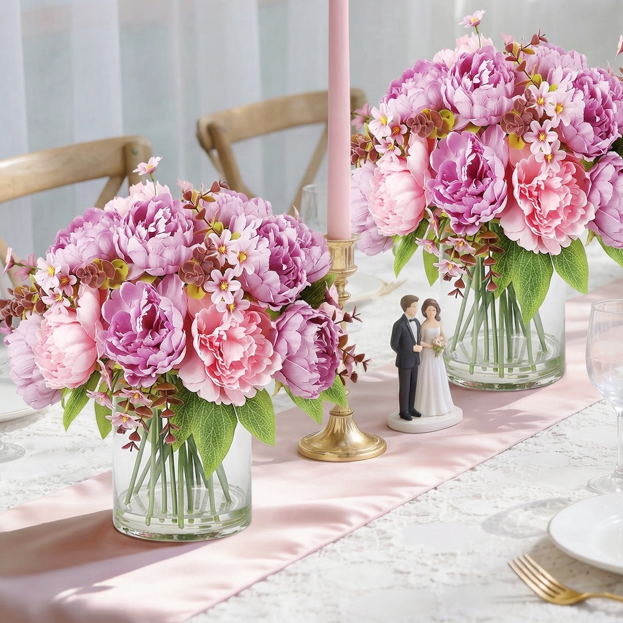 Silk Peony Bouquet in Glass Vase with Faux Water – Lifelike Artificial Flowers for Home Decor, Wedding Table Centerpiece – Mixed Arrangement，Pink