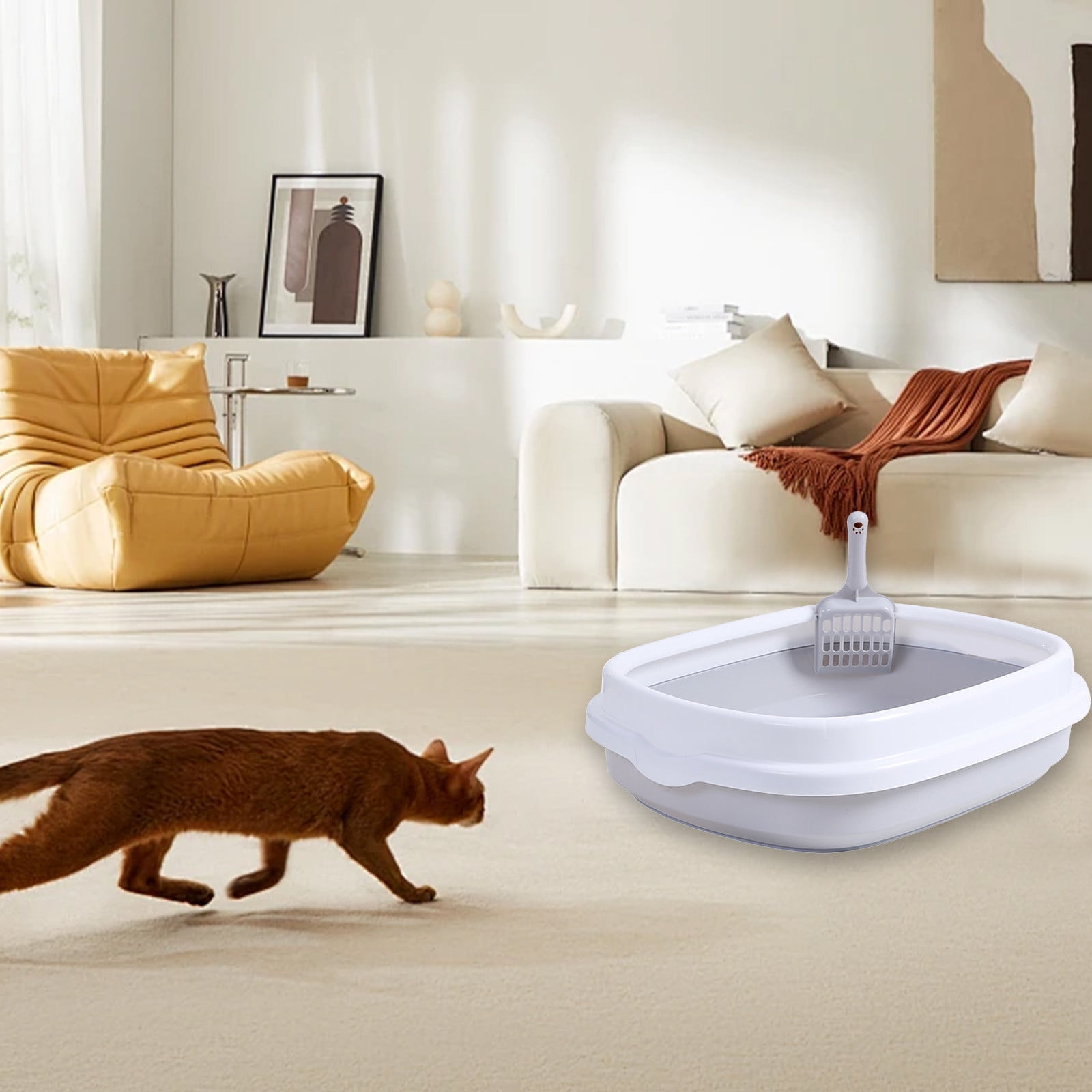 LEFTHIGH Home Semi Enclosed Cat Litter Box Pet Toilet with Splash Proof High Side Large Space Easy Clean Paper Material Gray Blue Green 40x33.5cm Room Decor