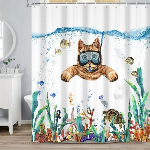 SUNOLIFE Funny Cat with Sea Turtle Shower Curtain Ocean Beach Bathroom Curtain 72x72 in