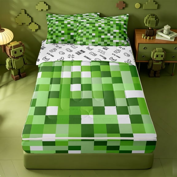 Erosebridal Green Pixel Grid Zipper Twin Comforter Sets with Fitted Sheet and 2 Pillowcases,Classic Geometric Pattern Zipper Bedding Set For Boys,Gamepad Reversible,4-Piece