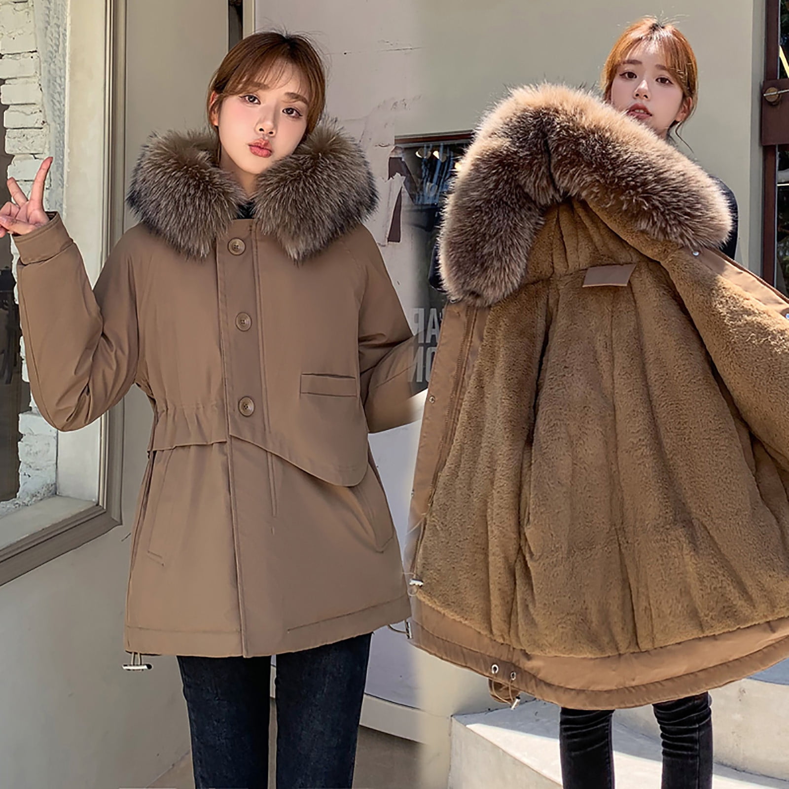 IROINID Women s Winter Warm Mid Length Coat Solid Color Parka Long Sleeve Outwear Khaki Walmart