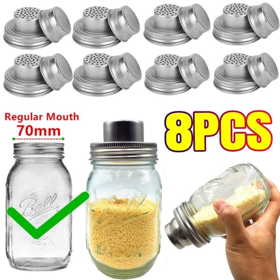 8Pcs Universal Mason Jar Shaker Lids, Stainless Steel Mason Jar Shaker Lids for Spices with Silicone Seal, Seasoning Shaker Top for Cocktail Mixer Bar