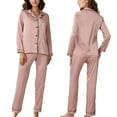 thumbnail image 2 of LANBAOSI Womens Satin Pajama Sets Long Sleeve Sleepwear Button Up Silk Loungewear, Pink S, 2 of 7