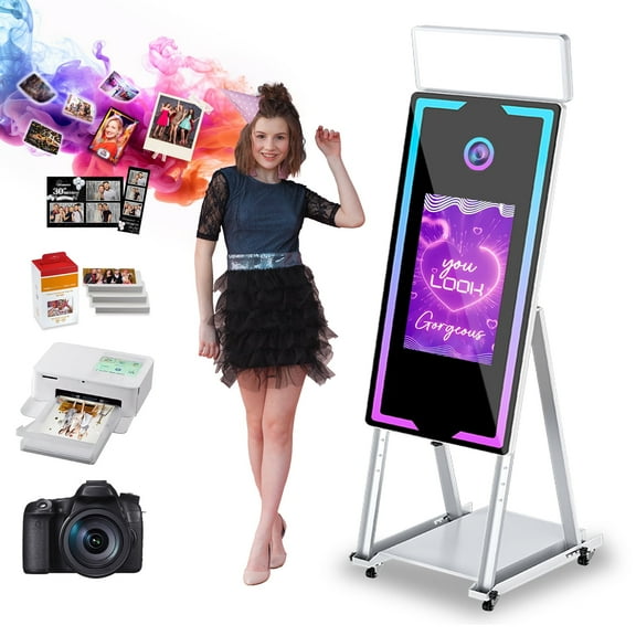 Magic Mirror Photo Booth, 45'' Mirror Photo Booth with Camera and Printer, 22'' Interactive Touch Screen, Built-in Mini PC with Instant Print – Suitable for All Types of Photography Needs (White)