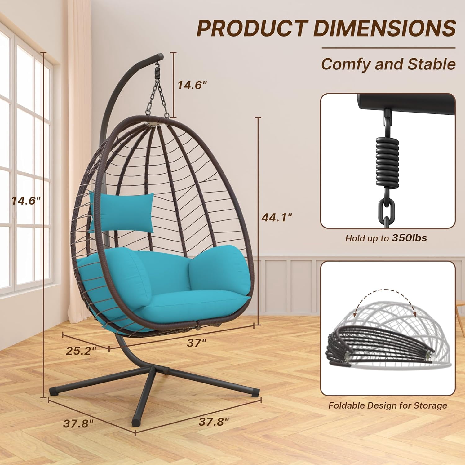 ALAULM Hanging Egg Chair with Stand, Indoor Outdoor Wicker Rattan Egg Swing Chair with Cushion Headrest, Hammock Chair 350lbs Capacity for Bedroom Patio Porch Garden Balcony(Blue)