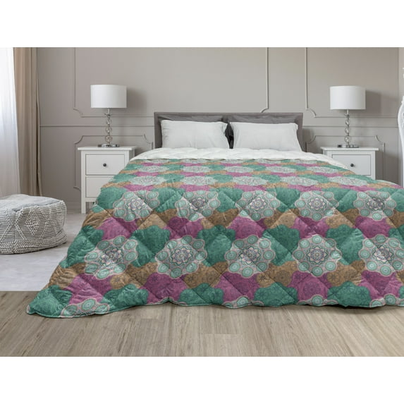Flower Down Alternative Comforter, Mandala Patterns of the Oriental Blossoms Leafs Vintage Symbol of Cosmos Artwork, Microfiber Quilt for All Season, 5 Sizes, Multicolor, by Ambesonne