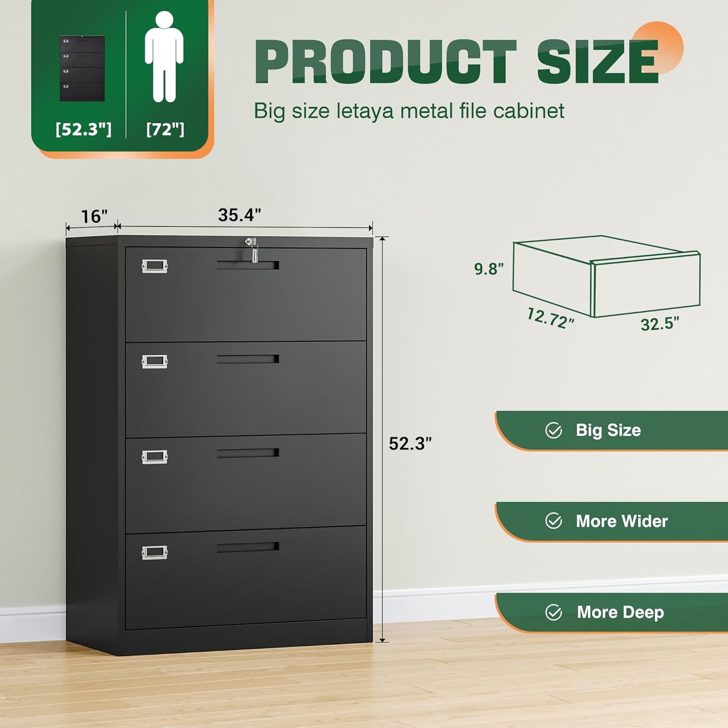 Letaya Metal Lateral Filing Cabinets for Home Office Organization, File Cabinets with Lock for Hanging Storage Letter/Legal/F4/A4, Assembly Required