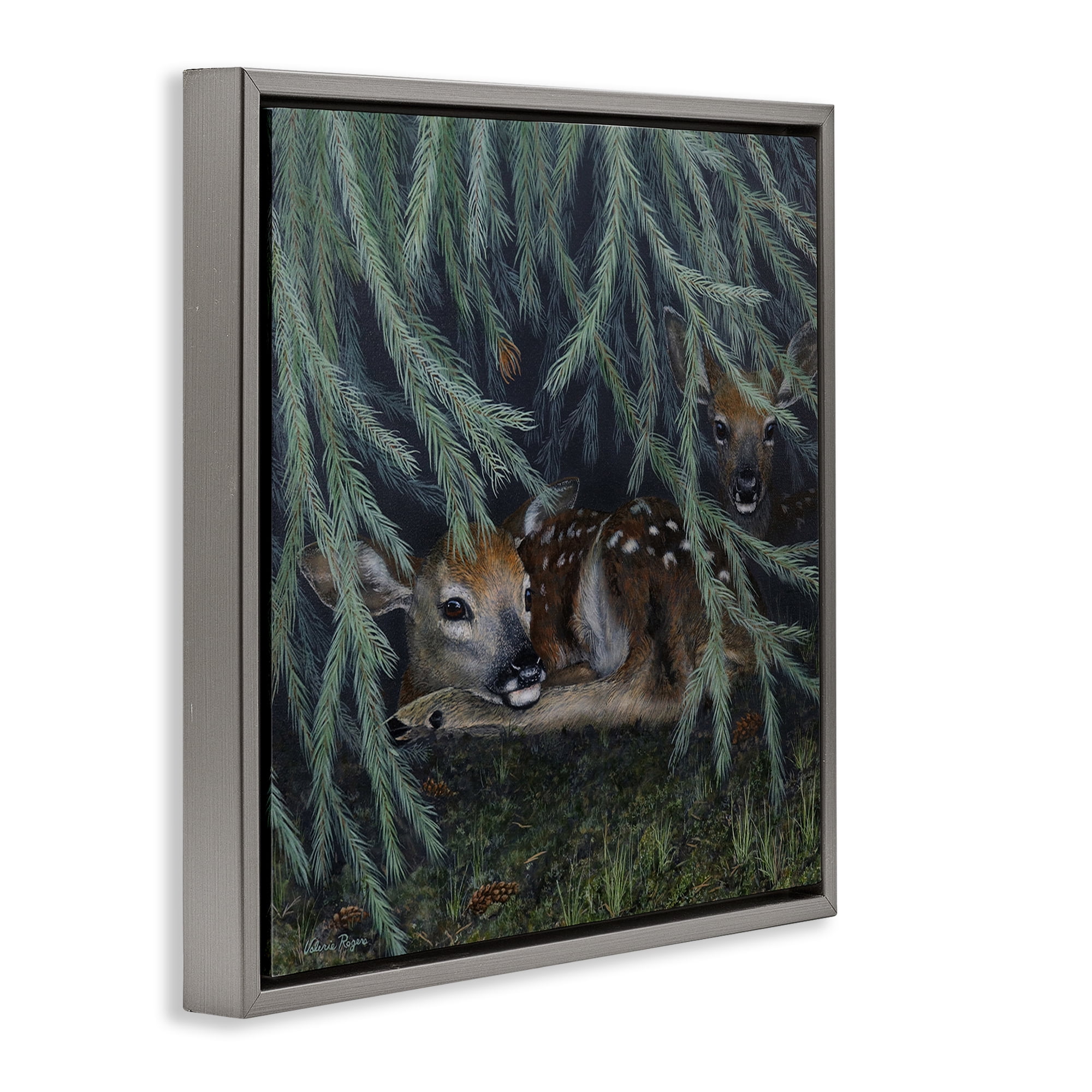 Stupell Industries Deer Under Forest Tree Animals Painting Gray Floater Framed Canvas Art Print Wall Art, 25 x 25