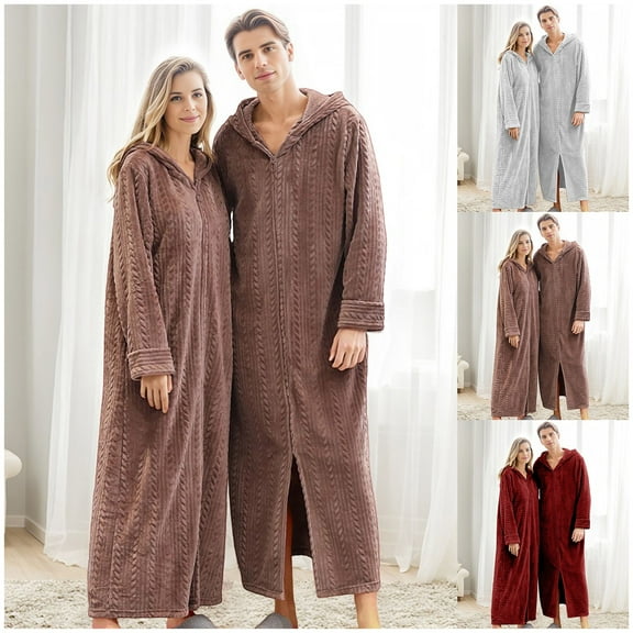 Couples Pajamas Matching Sets for Men and Women Soft Warm Robe Cozy Flannel Long Hooded Zipper Bathrobe Plush Winter Housecoat Nightgown Coffee L